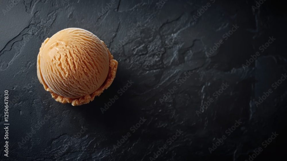 Poster Savory salted caramel ice cream scoop placed on a dark textured background creating an inviting and indulgent dessert scene