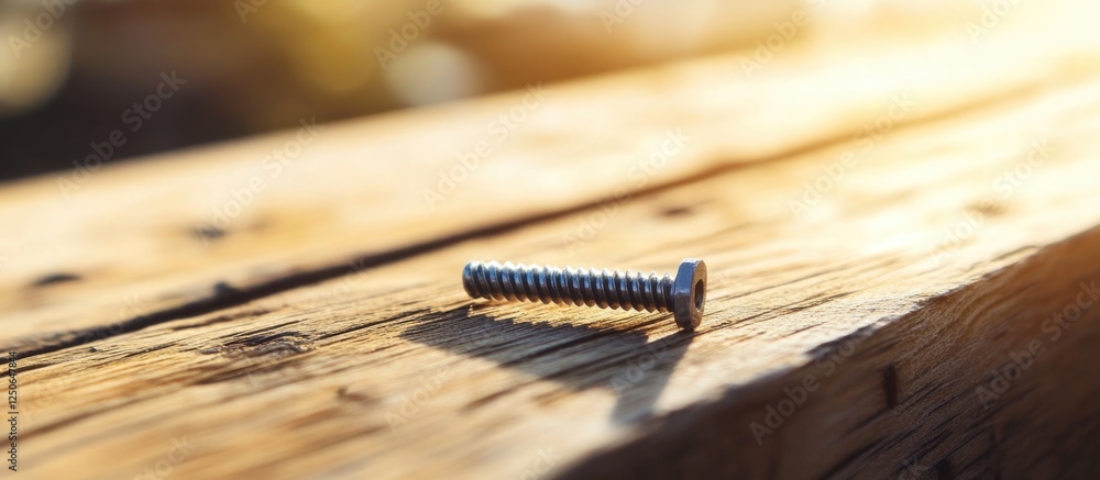 Aufkleber Screw embedded in wooden surface with warm sunlight creating an abstract background highlighting texture and detail of materials.