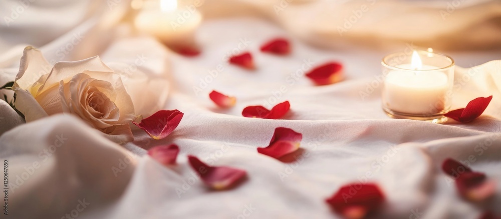 Poster romantic candlelit ambiance with rose petals on a soft white sheet creating an intimate setting for 