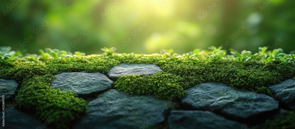 Poster lush green stone texture background showcasing natural elements and soft sunlight creating a serene 