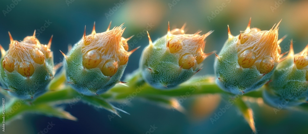 Aufkleber close-up of green stems with prickles and developing buds illuminated by soft natural light in a bot