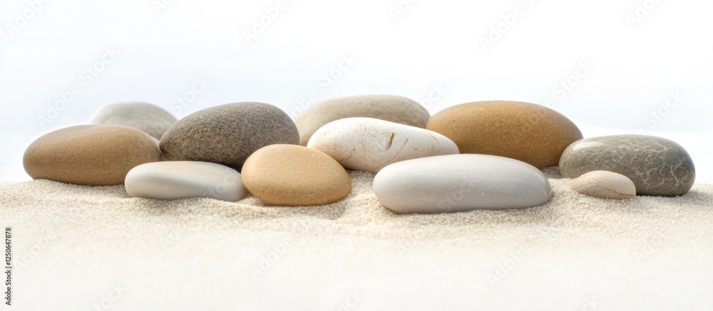 Poster smooth sea pebbles resting on sandy beach with gentle waves in serene nature background capturing tr