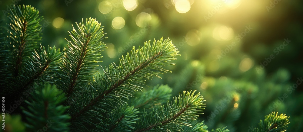 Poster lush green spruce branches in a serene forest with soft light creating a tranquil natural background