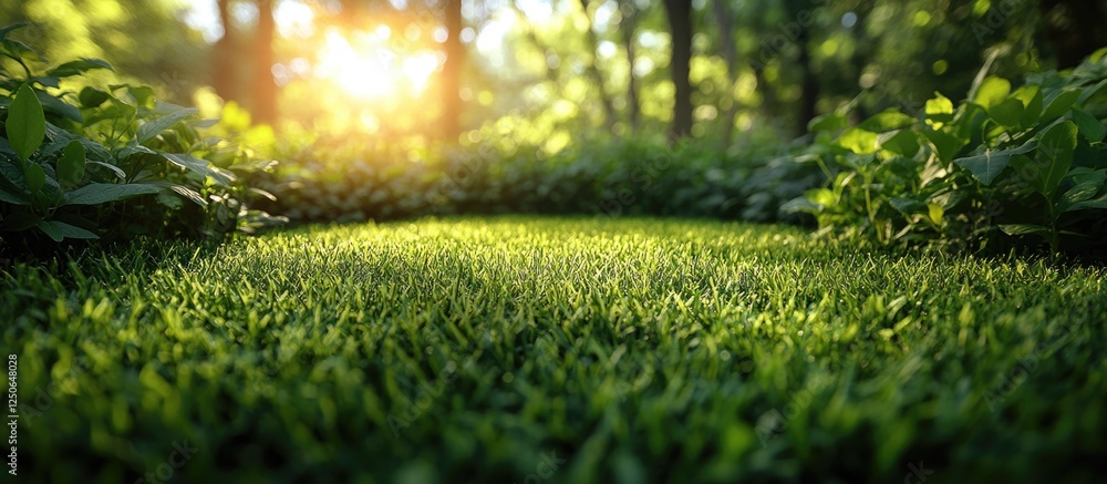 Poster lush green uncut grass in a serene spring setting with soft sunlight filtering through trees and amp