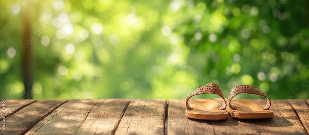 Poster Sandal on Rustic Wooden Table Surrounded by Lush Natural Background with Space for Customizable Text or Branding