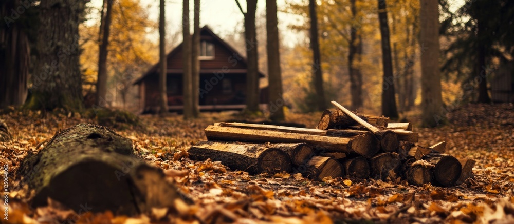 Poster Firewood preparation with scrap lumber in a serene forest setting during autumn with a rustic cabin in the background.