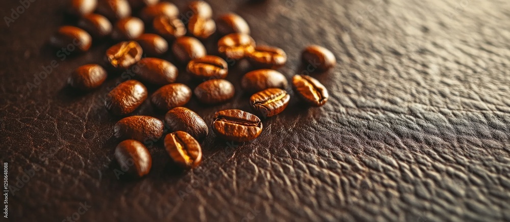 Poster roasted coffee beans scattered on a textured leather background creating a warm and inviting atmosph