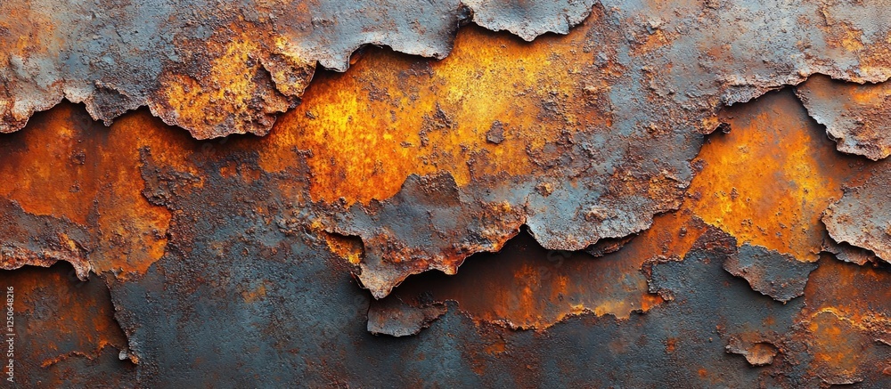 Poster rusty metal texture with peeling paint and vibrant orange tones suitable for backgrounds and design 