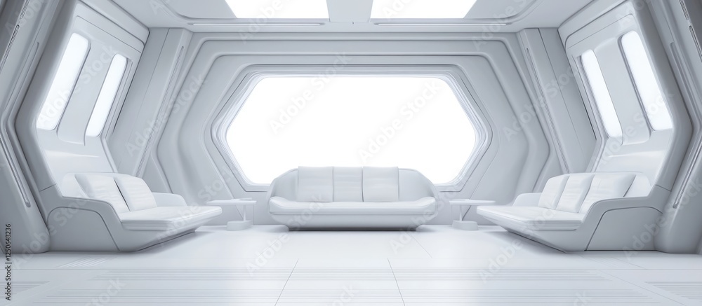 Poster retrofuturistic home interior with sleek white furniture and floorboards featuring 4k technology and