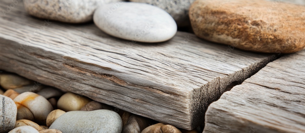 Poster natural textures of smooth stones and weathered wooden timbers on a rustic surface for background de