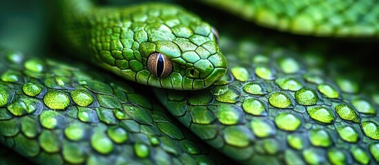 Obraz premium Vibrant macro close-up of green snake scales showcasing intricate texture and natural beauty in a vivid background.