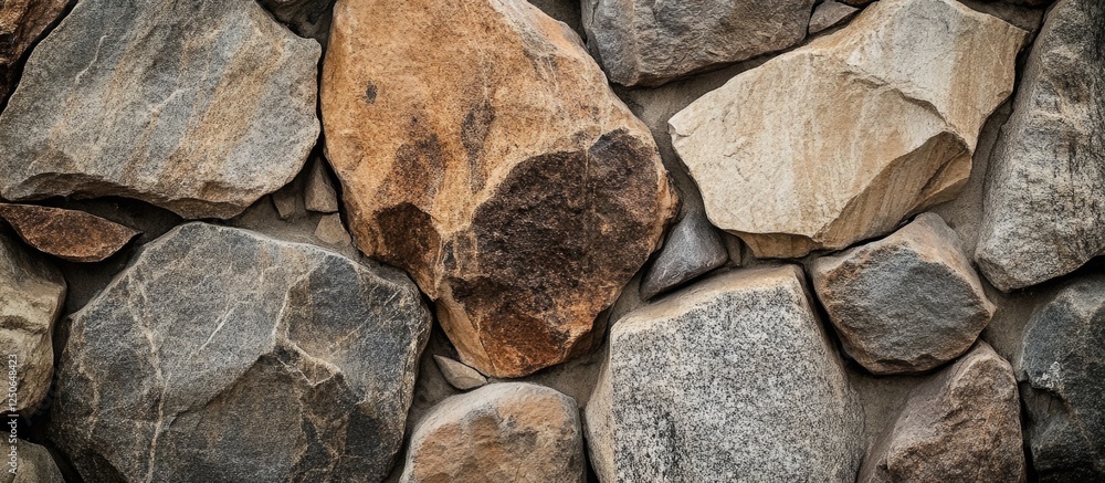 Poster Textured stone wall with various colored rocks in a natural arrangement creating a rustic and earthy aesthetic suitable for backgrounds