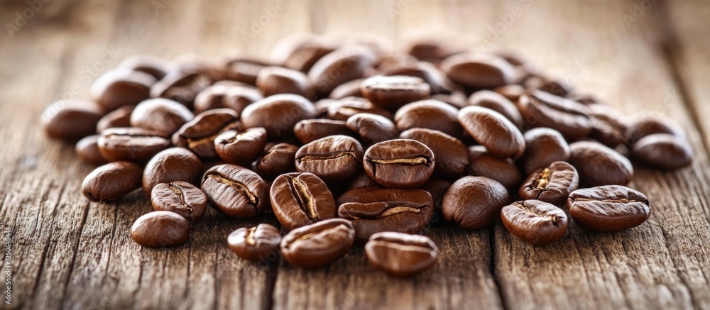 Poster roasted coffee beans scattered on wooden surface creating a warm and inviting background for beverag