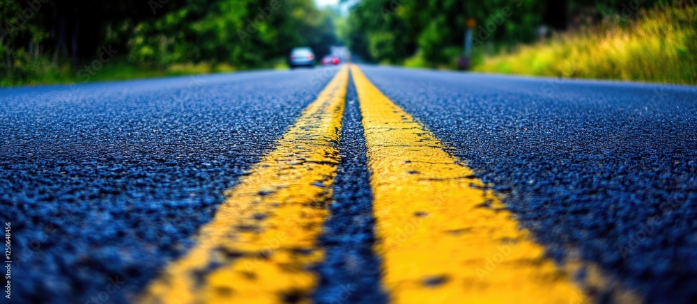 Poster dynamic perspective of a winding asphalt road with vibrant yellow centerline amidst lush greenery sh