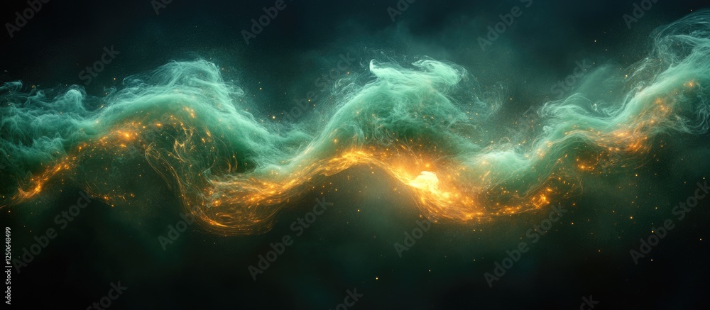 Poster abstract green smoke swirling with hints of orange on a dark background creating a mystical and ethe