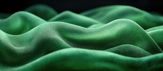 Luxurious green fabric texture with smooth, undulating waves creating a rich and elegant background for creative projects.