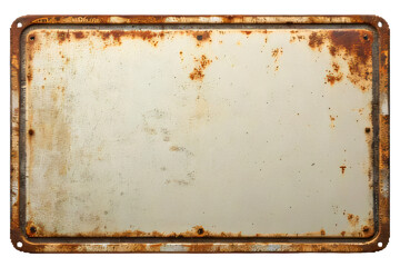 Old blank rusty metal sign isolated on transparent or white background, PNG element for vintage design projects.
