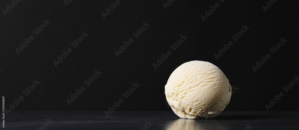 Poster vanilla ice cream scoop on dark background showcasing a delightful dessert option for menus and culi