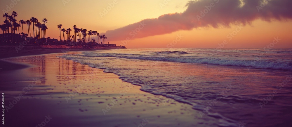 Poster serene sunset beach scene with gentle waves and palm trees featuring vintage tones and soft colors f