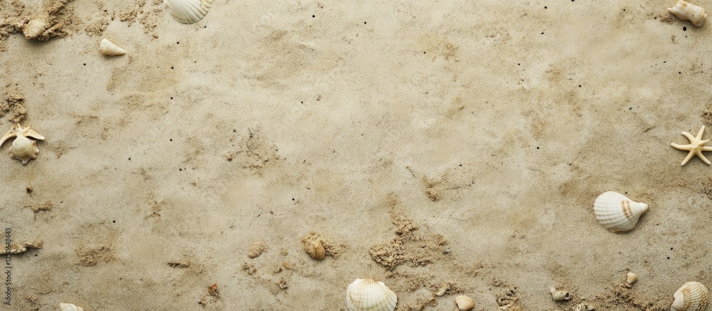 Poster sandy beach background featuring seashells and starfish ideal for summer vacation themes with natura