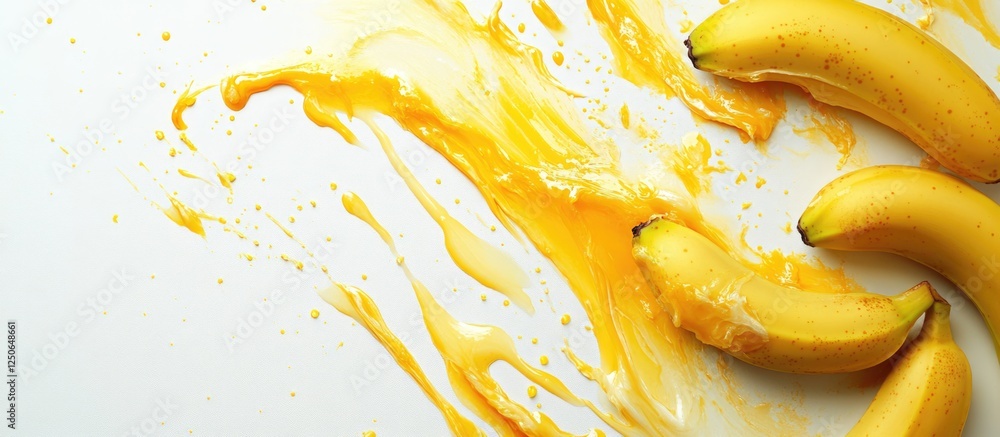 Aufkleber Ripe bananas splashed with yellow juice on a clean white background with space for text and design elements for advertising or marketing.