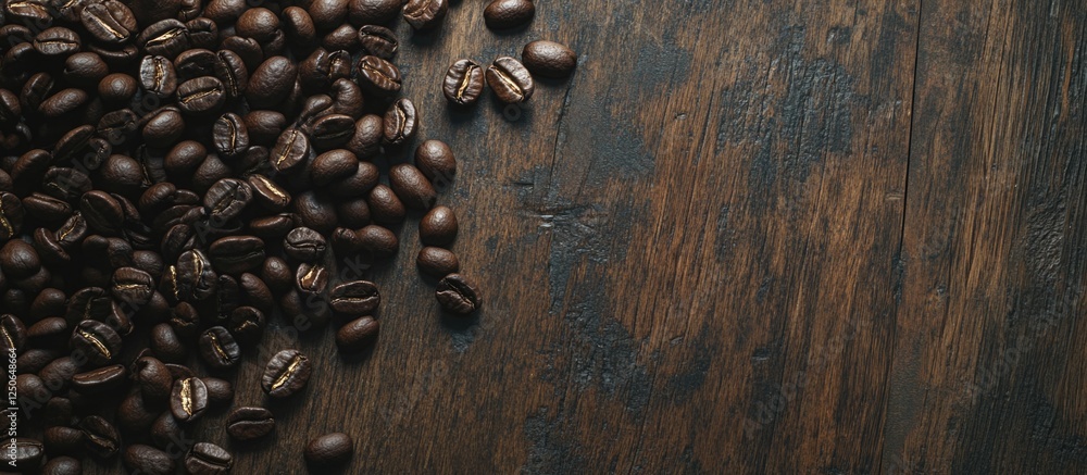 Poster roasted coffee beans scattered on rustic wooden surface creating a warm and inviting food background
