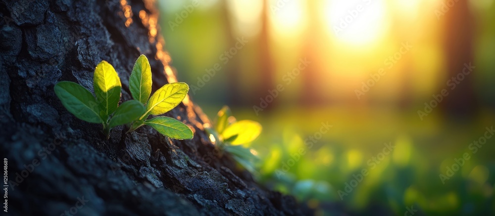Poster new growth emerging on tree bark with sunlight filtering through a lush forest background showcasing