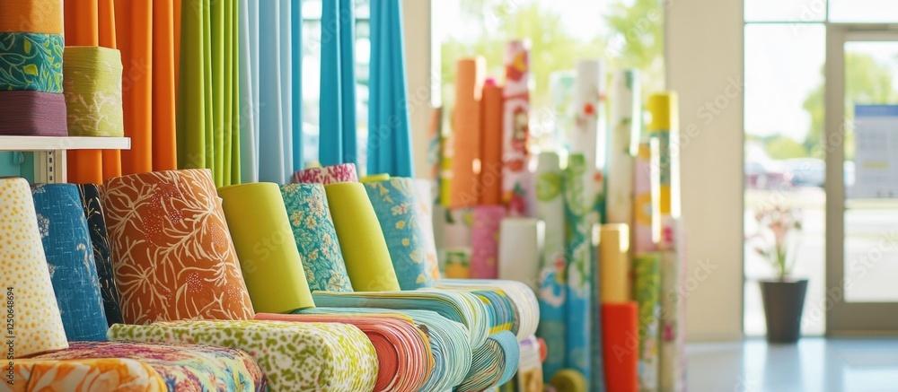 Poster Vibrant rolls of fabric displayed in a bright textile shop showcasing a variety of colors and patterns for creative projects.