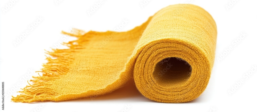 Poster golden yellow coarse cotton fabric roll with frayed edges isolated on a clean white background for t