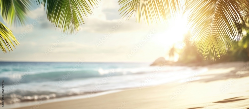 Poster Serene beach scene with coconut palm leaves and sun rays creating a tranquil blurred background of the sea and shoreline.