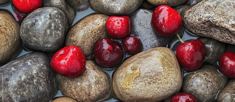 Aufkleber Cherries resting on smooth rocks creating a tranquil natural background for design and advertising concepts.