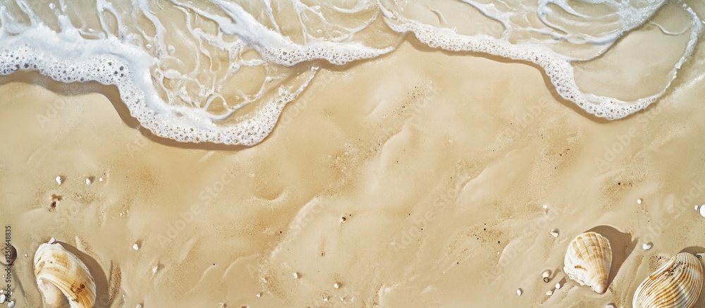 Poster Sandy beach top view with textured sand and gentle waves creating a serene coastal background for various creative projects