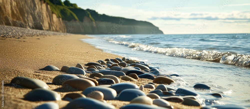 Poster Serene beach landscape featuring smooth stones and soft sands with gentle waves lapping at the shore under a clear sky