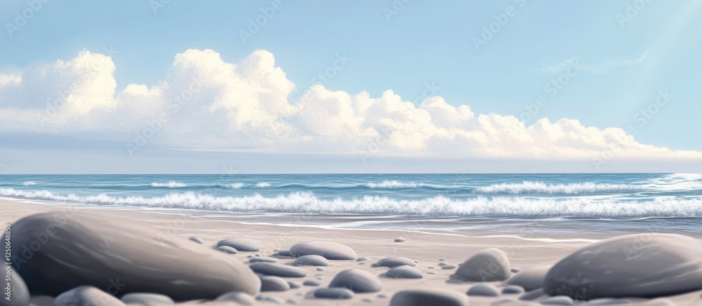 Poster tranquil beach scene with smooth grey pebbles and gentle waves under a bright blue sky with fluffy c