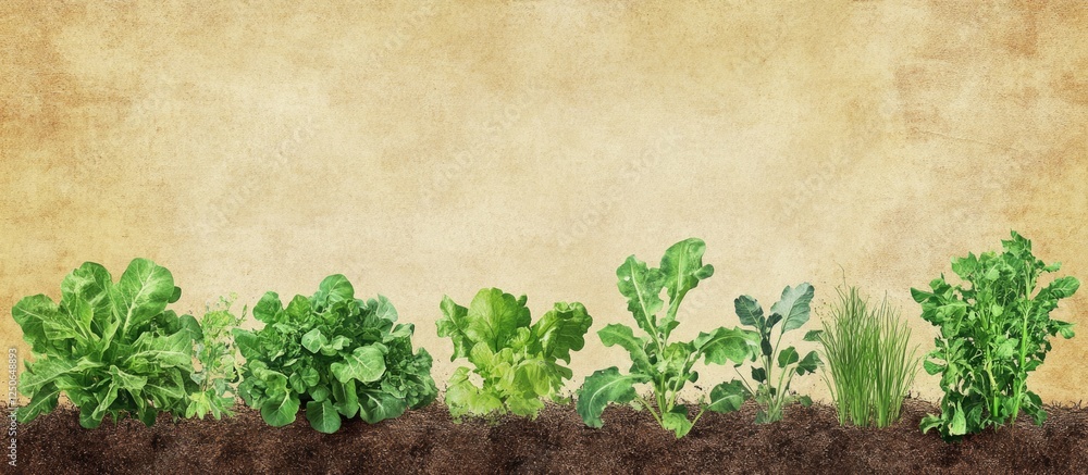 Poster fresh green sapling in vegetable garden with textured background ideal for text overlay and promotio