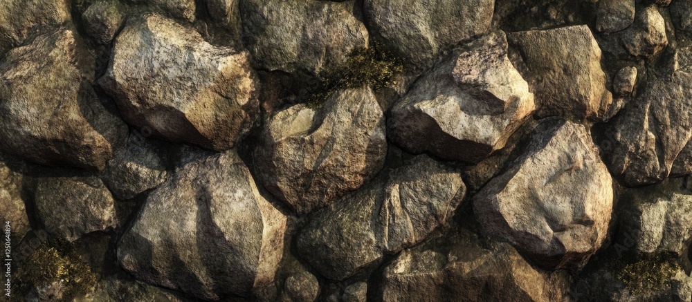 Poster natural stone wall texture with various rock shapes and earthy tones ideal for backgrounds or archit