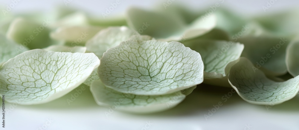 Poster delicate green rose petals scattered on a soft white background creating a serene and elegant decora