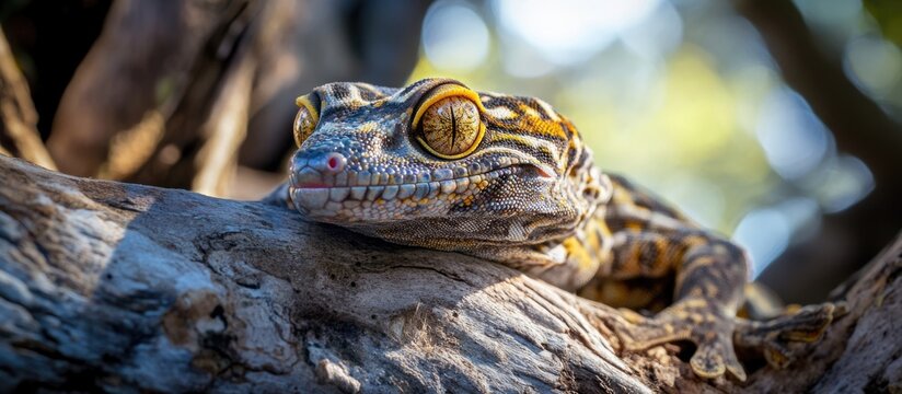 Sarasin's giant gecko Rhacodactylus sarasinorum resting on a branch in a lush private collection setting in New Caledonia.