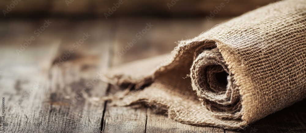 Poster rolled natural fabric textile on wooden background for rustic design and photography backdrop