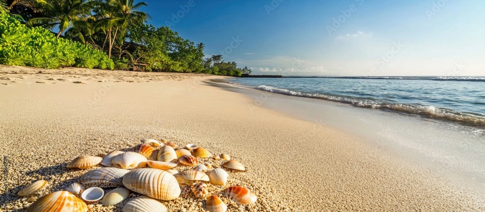 Poster morning view of sea shells on sand beach in sanur bali with palm trees and calm ocean waves in the b