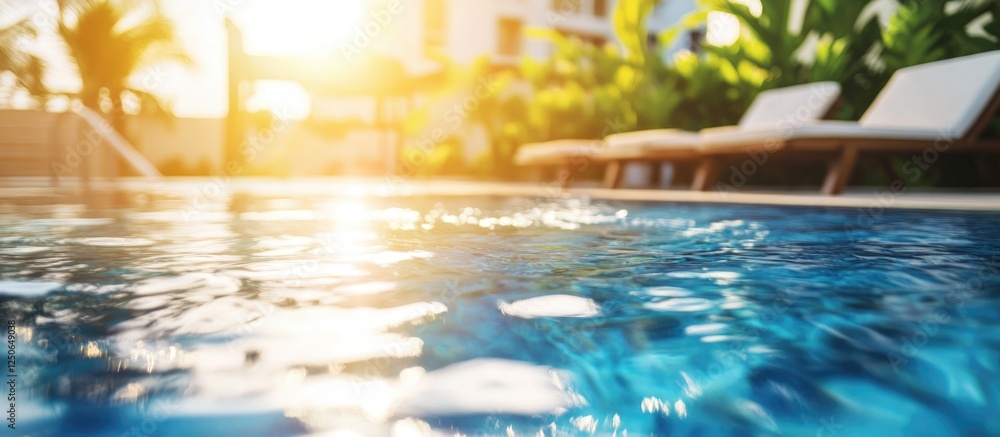 Poster sunlit rippling water surface in a tranquil swimming pool surrounded by lush greenery and comfortabl