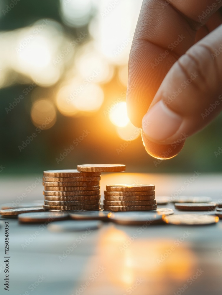 Poster golden hour savings hand stacking coins on wooden table - financial planning content and smart inves