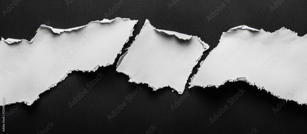 Aufkleber Ripped torn white paper pieces against a deep black background creating a stark contrast and texture for graphic design projects.