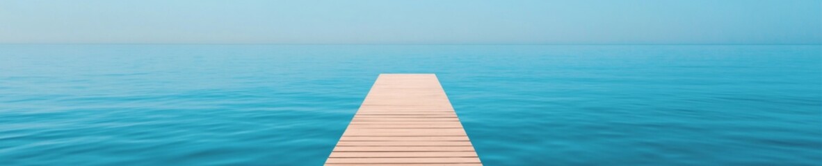 Fototapeta premium Minimalist Eco Retreat Weathered Wooden Pier Extending into Tranquil Turquoise Waters - Luxury Tourism Marketing and Pathway to Mindful Oceanic Wellness