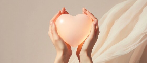 Serene Minimalism in Wellness Hands Holding Glowing Heart with Soft Textures - Emotional Health Promotion for Wellness Branding and Self-Care Initiatives