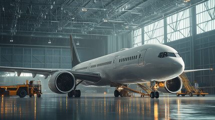 The passenger aircraft waiting for services maintenance of engine and fuselage repair in airport hangar. Large passenger aircraft on service in an aviation hangar	