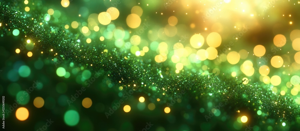 Poster sparkling green bokeh lights with golden accents creating an abstract glittering background for cele