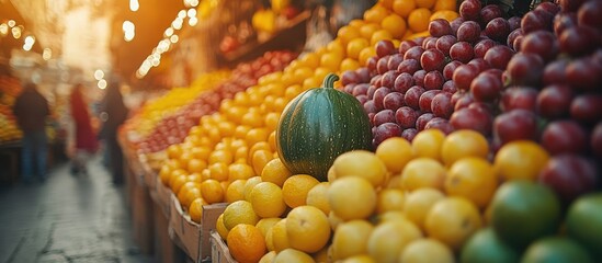 Vibrant fruit market showcasing a green pumpkin among an array of colorful fruits and vegetables in a lively setting.