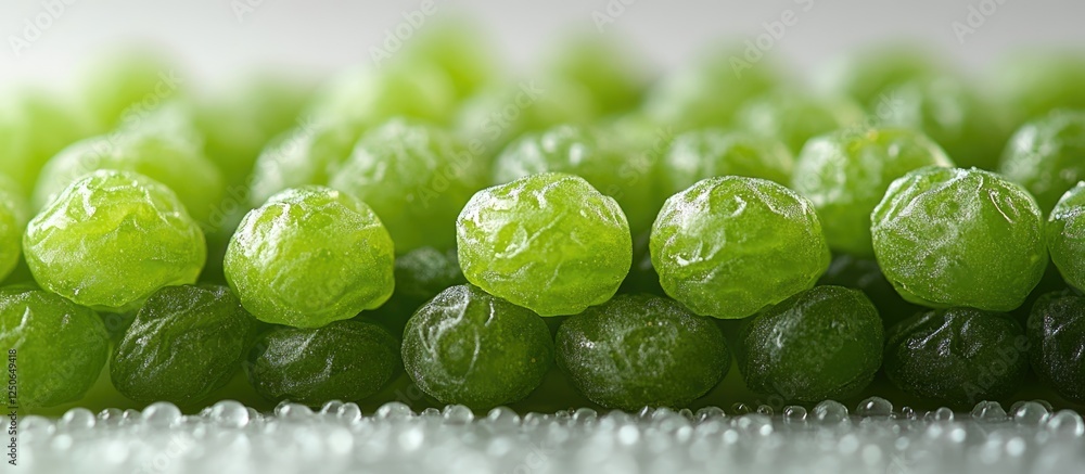Poster green raisins arranged in a neat stack against a clean white background showcasing their texture and