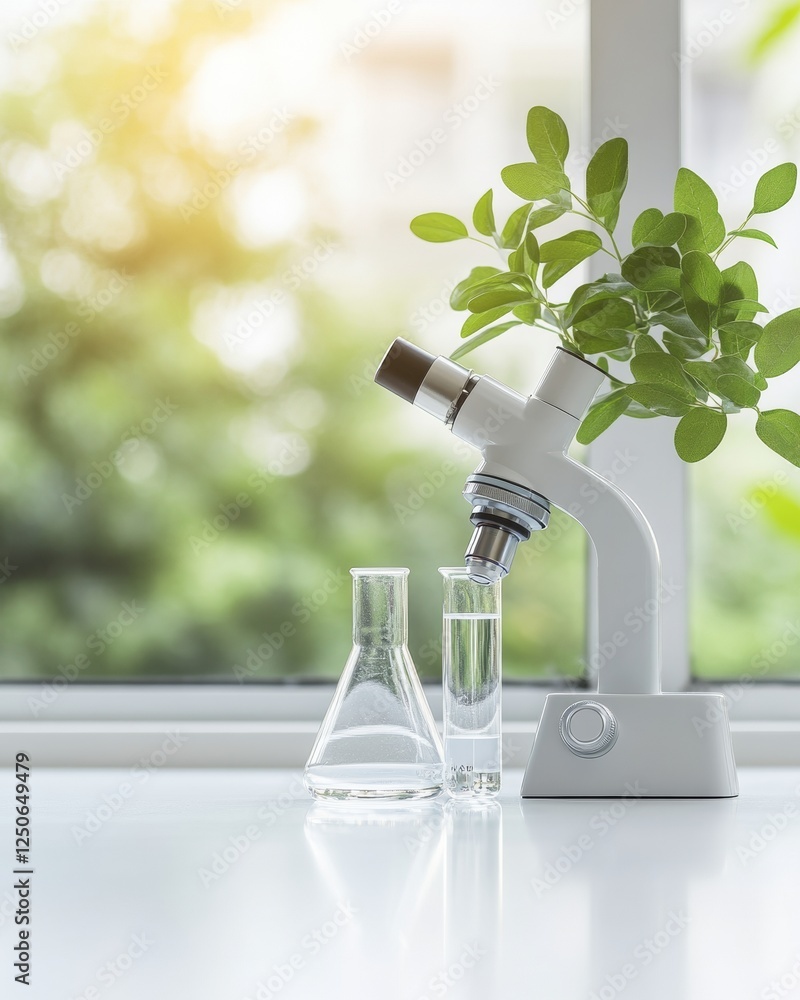 Poster biophilic science workspace modern laboratory with microscope and glassware on minimalist white coun